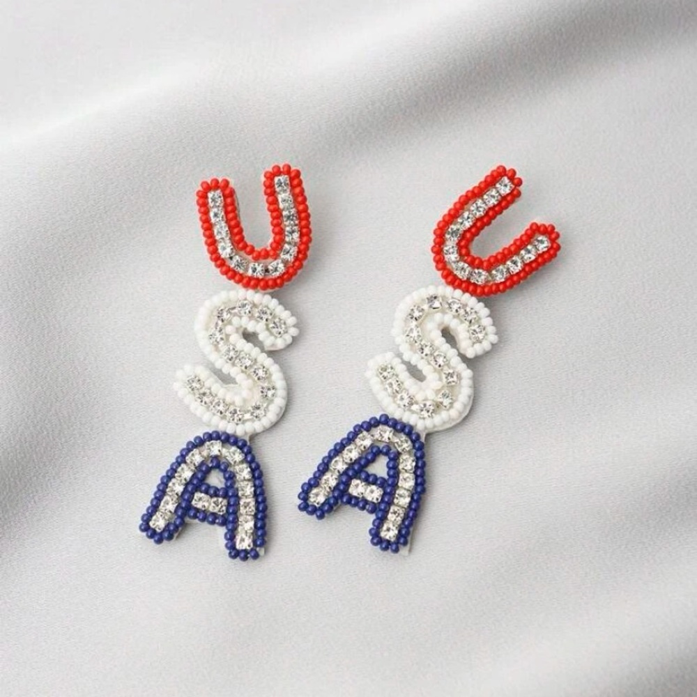 Beaded Red, White, and Blue Dangle Earrings